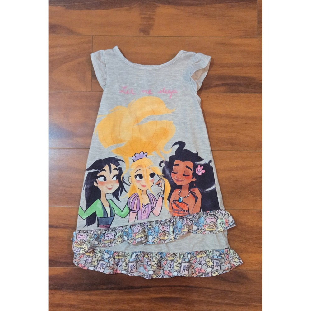 Disney Princess Nightgown Girls 4 Gray Mulan Rapunzel Moana Ruffle Sleep Dress